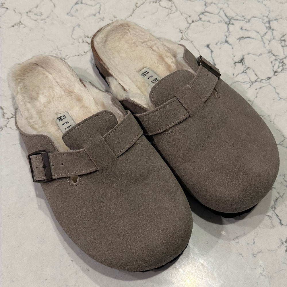 Womens Birkenstock Boston Shearling Size 37 US 6 Narrow Gray/Lt Brown